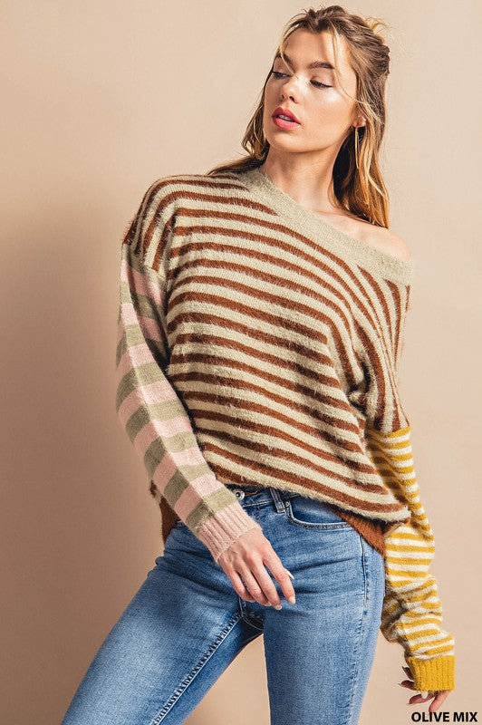 Fuzzy Soft Thread Multi Color Stripe Sweater Apparel212