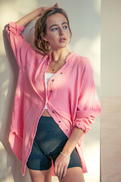Urban Daizy Pink Soft Frayed Hem Gauze Vintage Washed Shirt