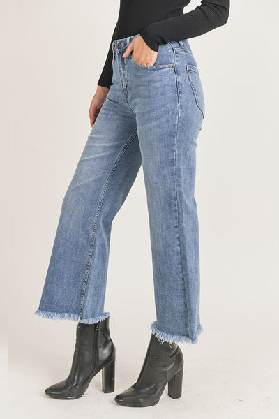 High Rise Medium Color Frayed Ankle Wide Jeans