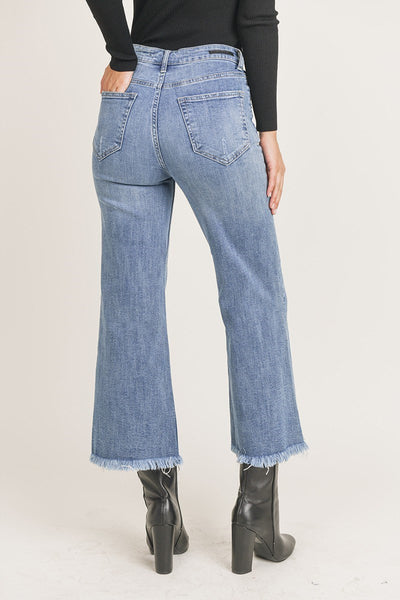 High Rise Medium Color Frayed Ankle Wide Jeans