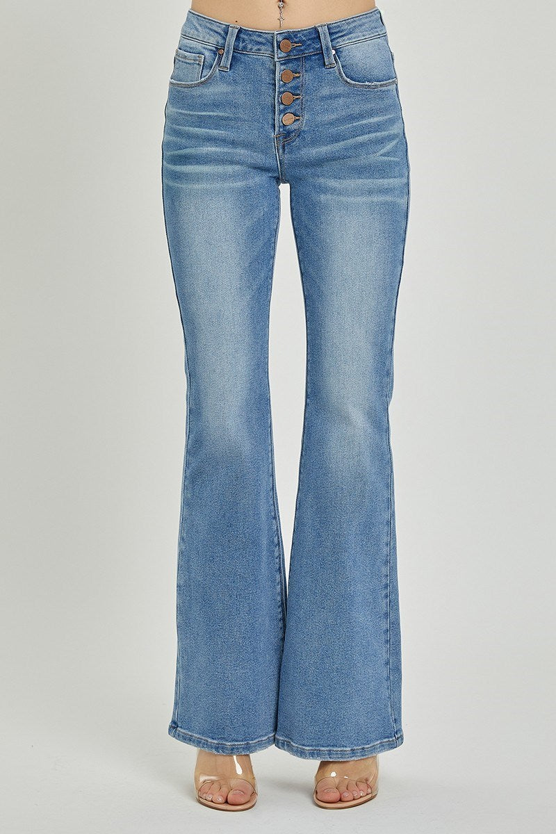 Risen Mid Rise Button Fly Flare Jeans