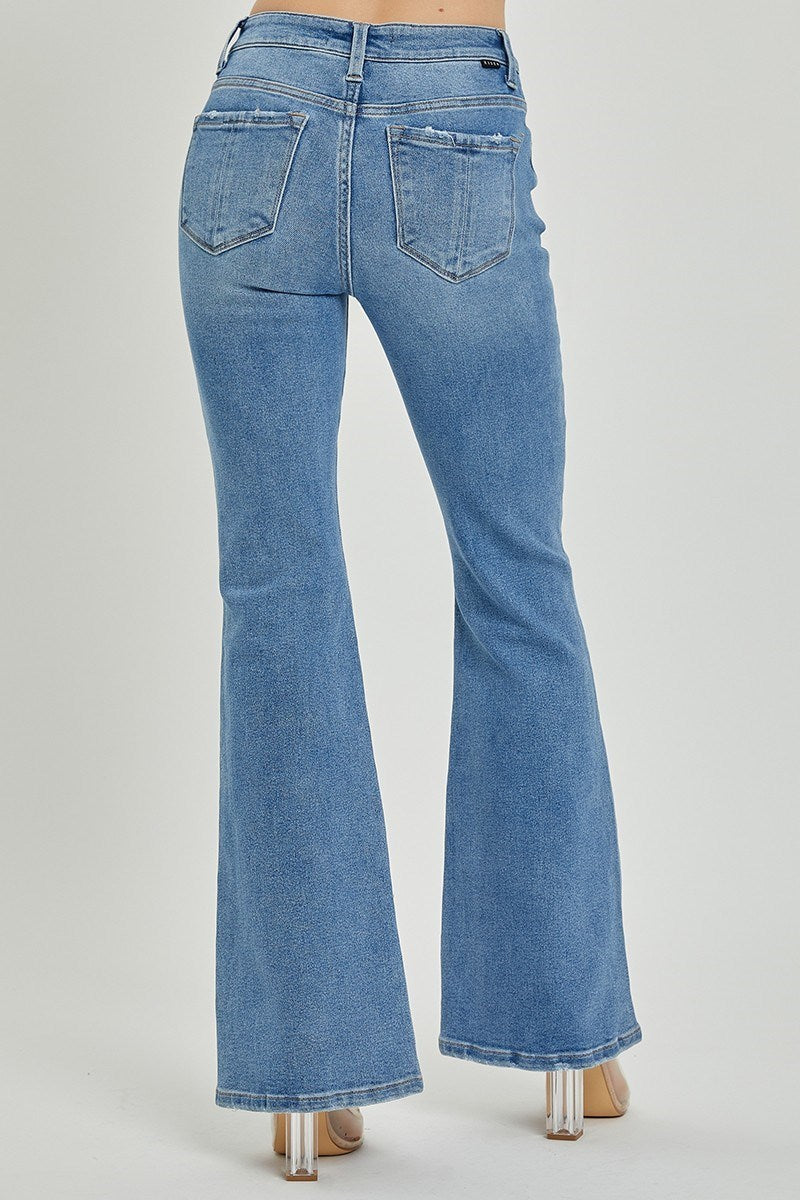 Risen Mid Rise Button Fly Flare Jeans