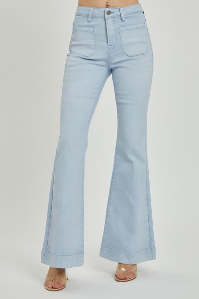 Risen Ice Blue High Rise Front Patch Pocket Bell Bottom Jeans