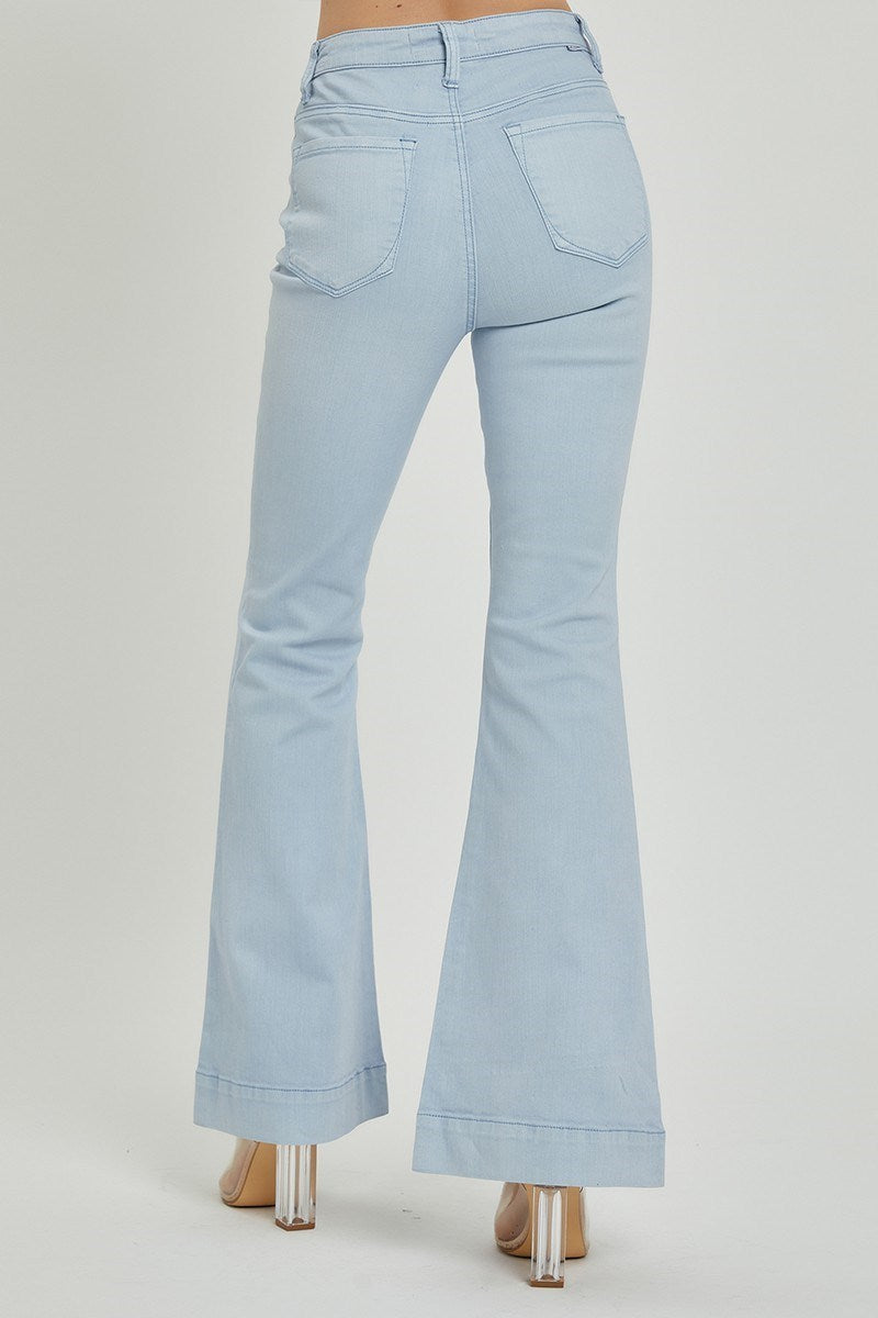 Risen Ice Blue High Rise Front Patch Pocket Bell Bottom Jeans
