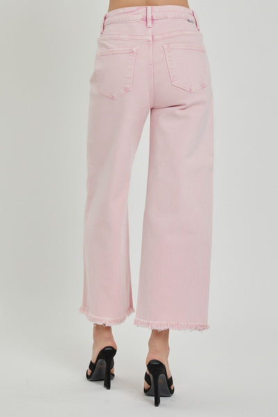 Risen Pink High Rise Crop Wide Leg Jeans