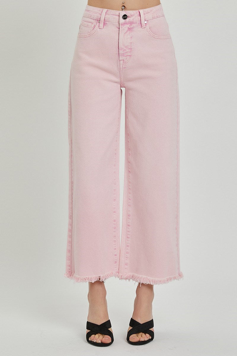 Risen Pink High Rise Crop Wide Leg Jeans