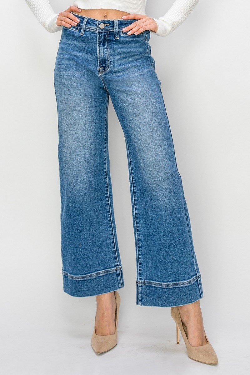 Risen High Rise Wide Leg Jeans with Wide Hem