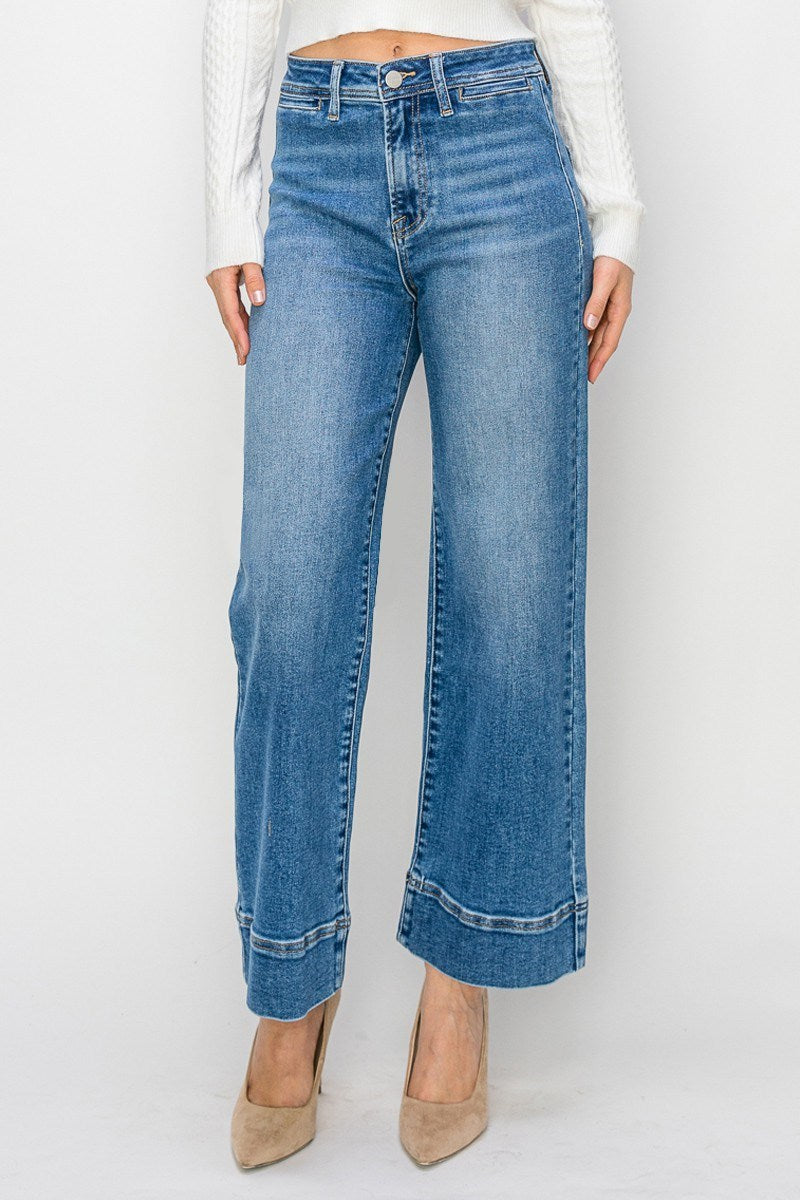 Risen High Rise Wide Leg Jeans with Wide Hem