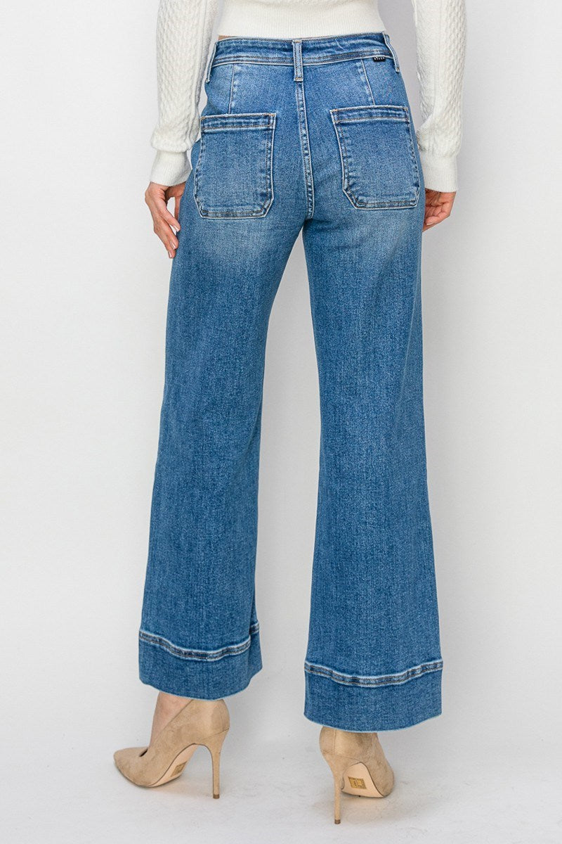 Risen High Rise Wide Leg Jeans with Wide Hem