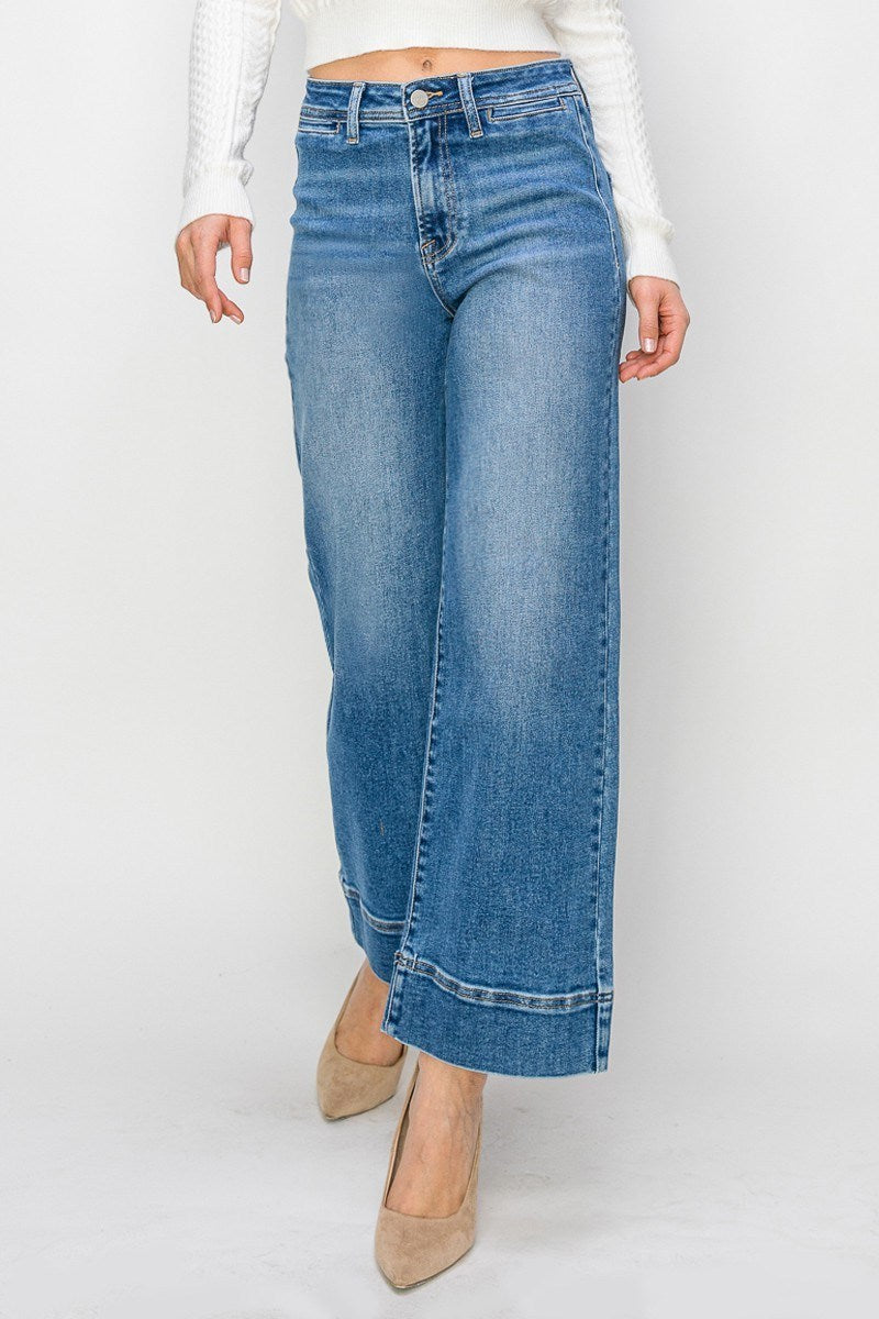 Risen High Rise Wide Leg Jeans with Wide Hem