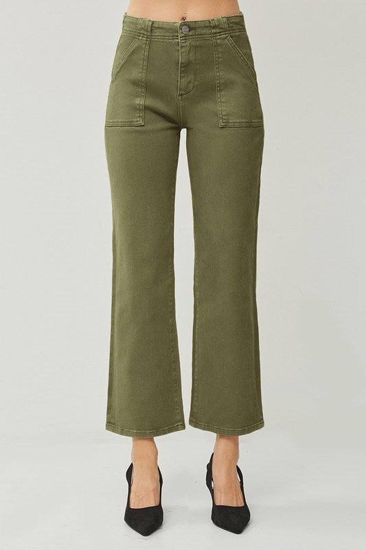 Risen Moss High Rise Patch Pocket Ankle Flare Jeans