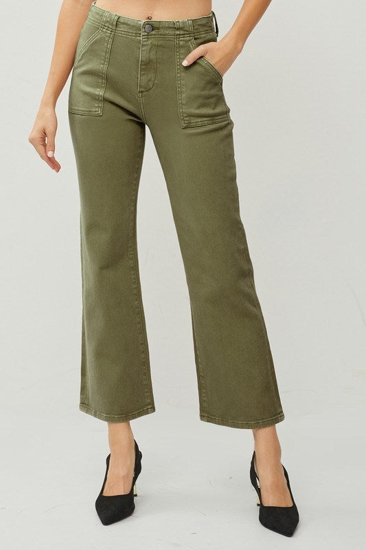 Risen Moss High Rise Patch Pocket Ankle Flare Jeans