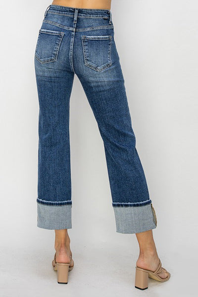 Risen High Rise Front Seam Dark Straight Jeans w/Cuff