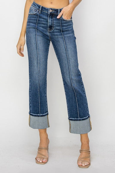 Risen High Rise Front Seam Dark Straight Jeans w/Cuff