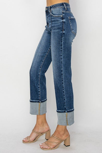 Risen High Rise Front Seam Dark Straight Jeans w/Cuff