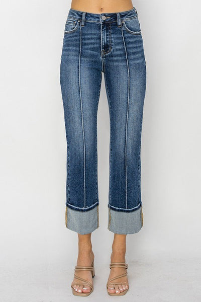 Risen High Rise Front Seam Dark Straight Jeans w/Cuff