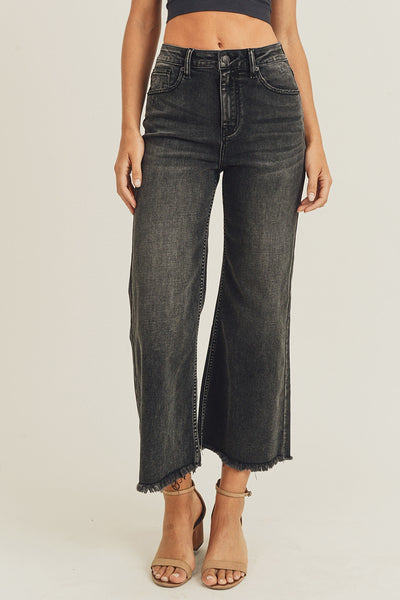 Risen High Rise Black Frayed Ankle Wide Jeans