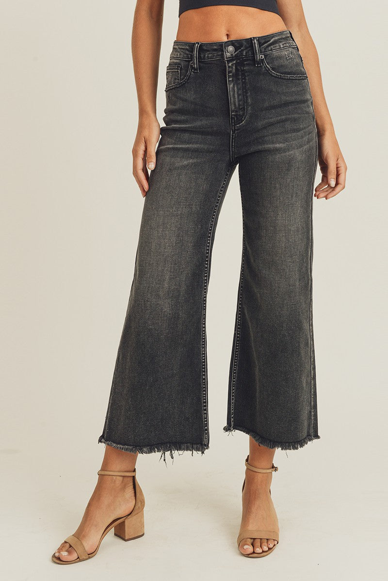 Risen High Rise Black Frayed Ankle Wide Jeans