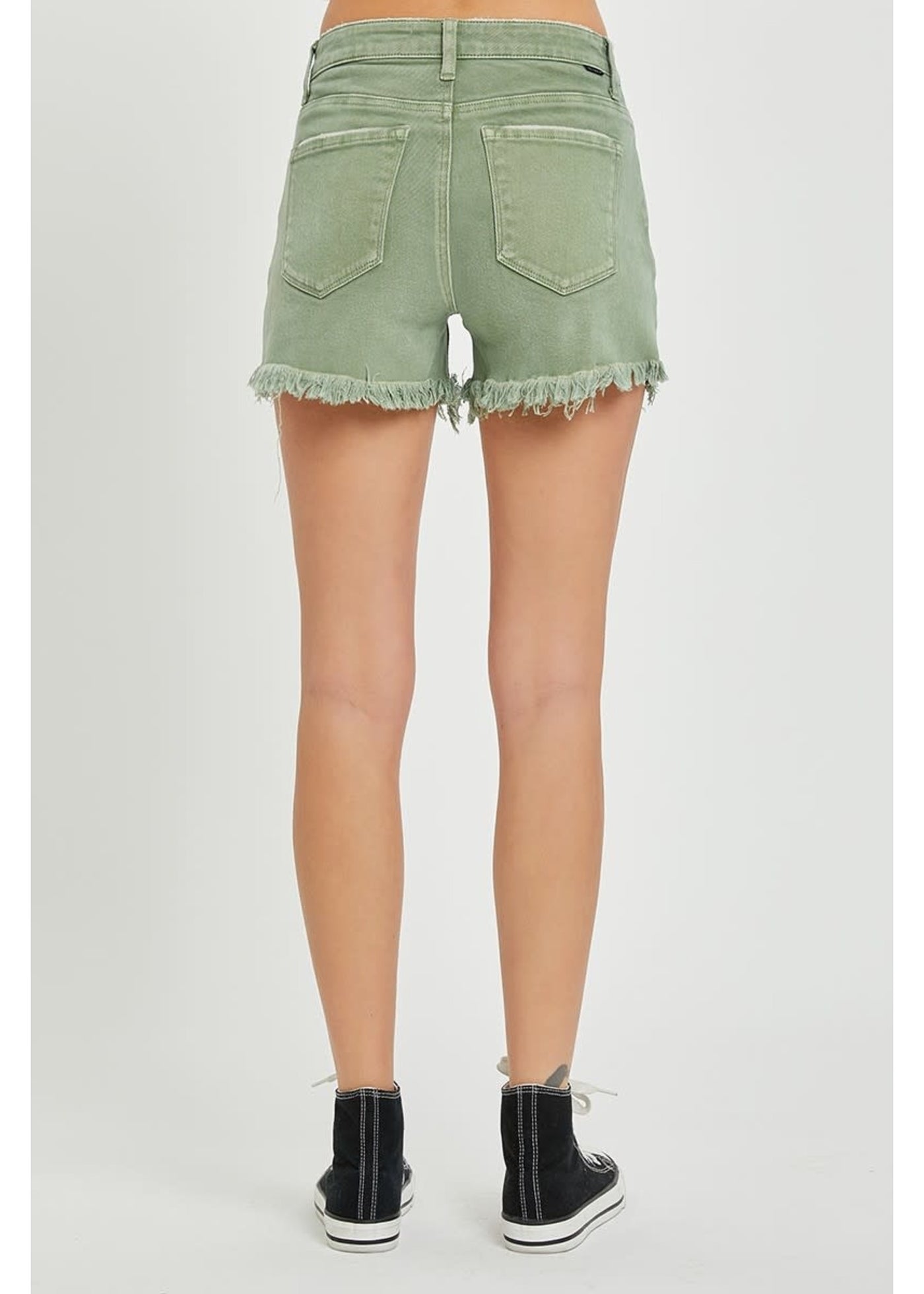 Risen Olive Mid Rise Shorts with Frayed Hem