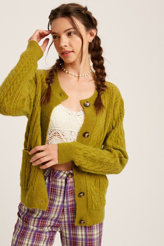 Listicle Lemon Grass Cable Knit Cardigan Sweater
