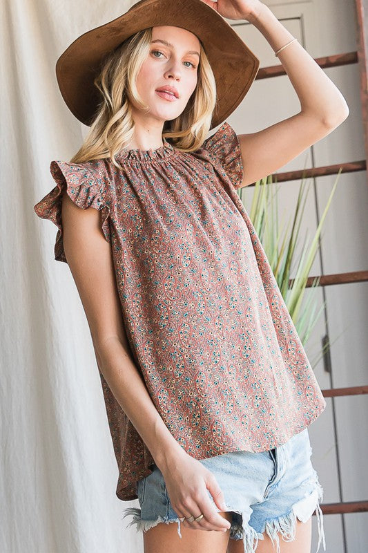 Brown tank with small flowers and flutter sleeves