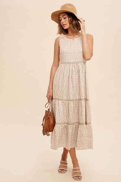 In Loom Natural Sleeveless Floral Tiered Midi Dress