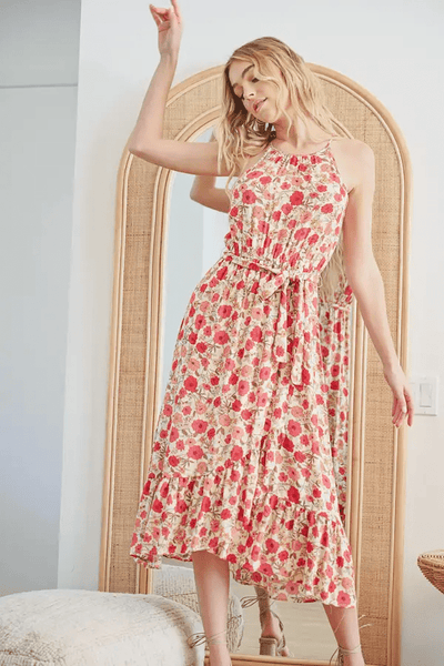 Lush Floral Print Tie Waist Midi Dress