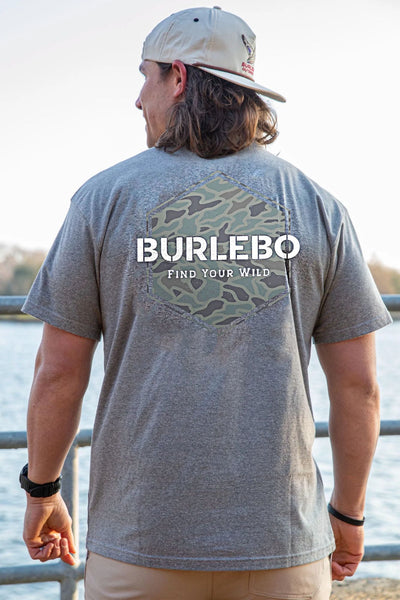 Grey tshirt with retro duck camo and burlebo on the back
