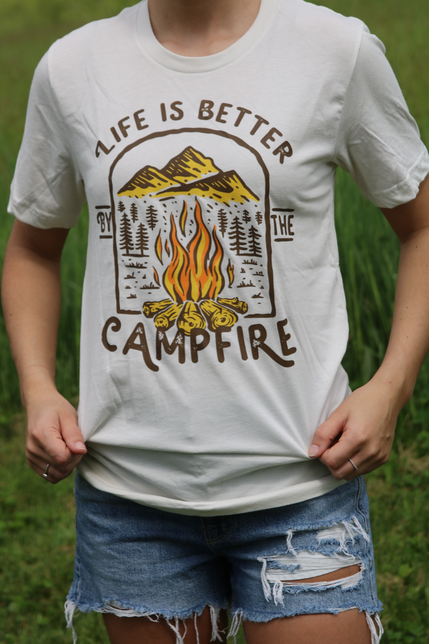 Off White Life is Better by the Campfire Graphic Tee