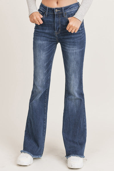 Risen High Rise Vintage Frayed Hem Flared Jeans