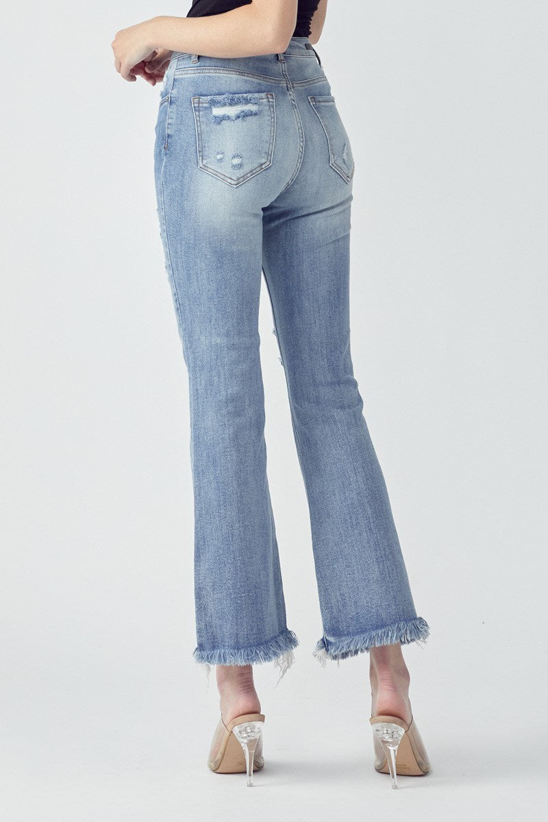 Risen Mid-Rise Distressed Ankle Flare Jeans
