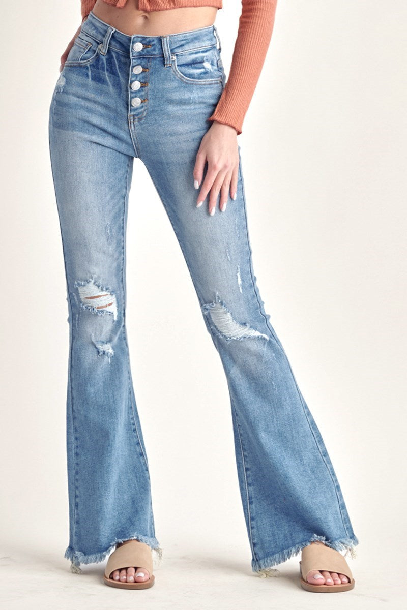 Risen Mid Rise Distressed Button Fly Flare Jeans
