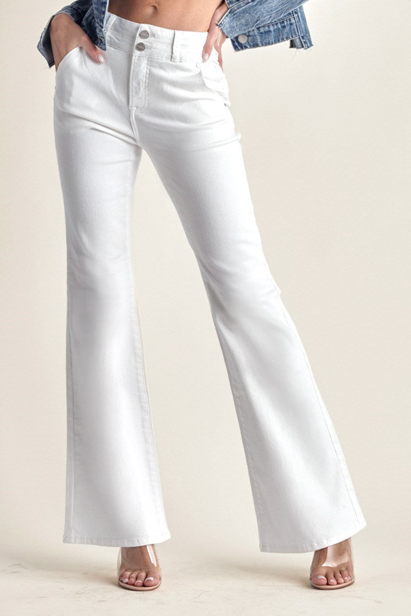 Risen High Rise White Flare Jeans