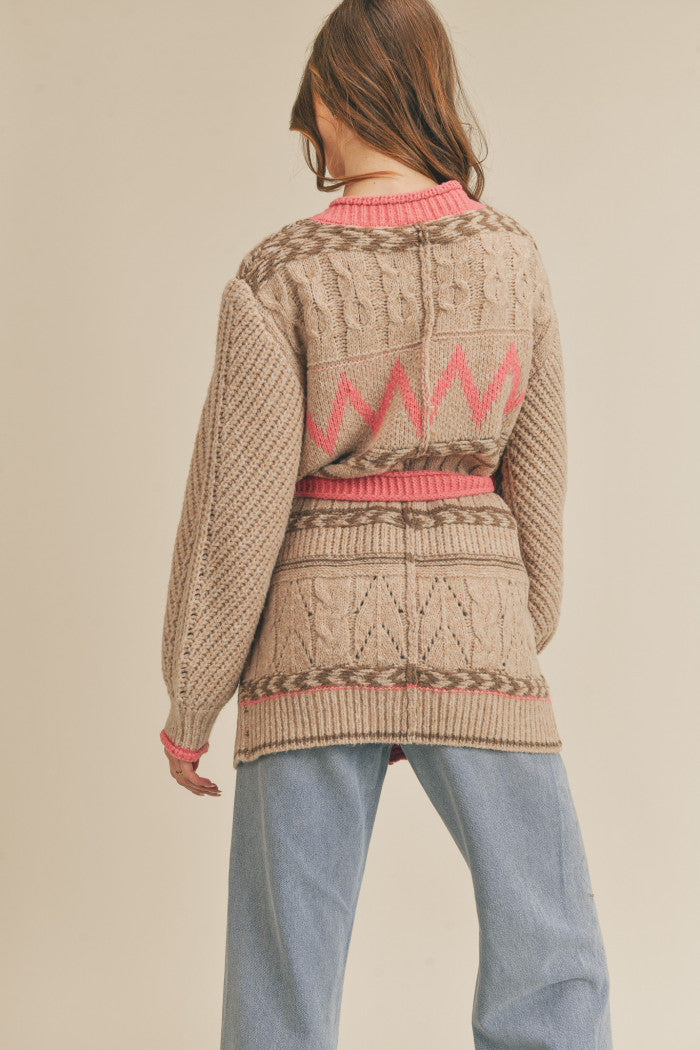 Open Front Chunky Knit Cardigan Pink and Tan