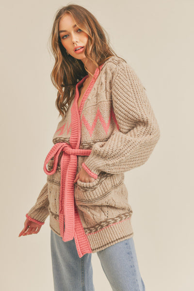 Open Front Chunky Knit Cardigan Pink and Tan